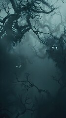 Canvas Print - Haunting Mist-Shrouded Forest with Twisted Branches and Glowing Eyes in the Shadows