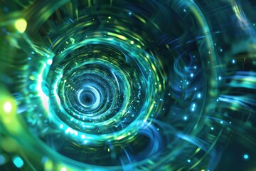 Wall Mural - spiral tunnel abstract background blue and green circles glowing effect. ai generative