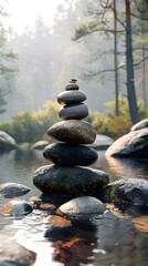 Poster - Serene Stacked Stones Forming Minimalist Natural Sculpture in Tranquil Woodland Setting