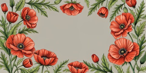 Sticker - Border of vibrant red poppies on a gray backdrop.