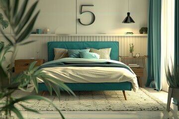 Wall Mural - modern bedroom with striped wall, white walls and turquoise bed in the center of the room, wall decor with the number 