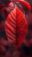 Poster - Vibrant Red Sumac Leaf with Intricate Vein Patterns and Soft Focus Bokeh