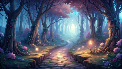 Wall Mural - Enchanted forest path lit by magical light.