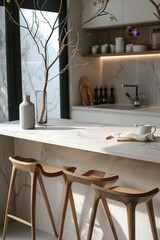 Wall Mural - Modern kitchen interior with white marble countertop, wooden stools, cup of coffee and plant.