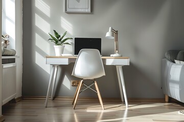 desk chair office lamp modern room design interior table laptop home apartment loft stylish computer plant wall