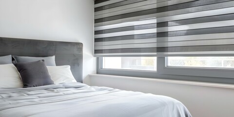 Wall Mural - Modern bedroom with gray blackout roller blinds and plastic window shutters. Concept Home decor, Bedroom essentials, Window treatments, Modern design, Interior styling