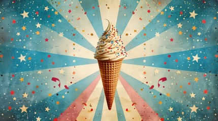 Colorful ice cream cone with sprinkles on a starburst background, creating a retro and festive atmosphere.