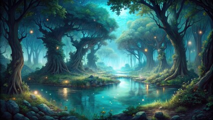 Wall Mural - Serene forest pond surrounded by lush greenery.