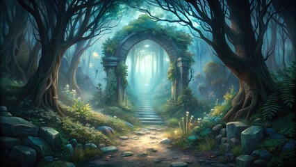 Poster - Enchanted forest pathway with a glowing archway.