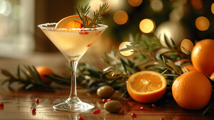 Canvas Print - A martini glass is filled with a drink and surrounded by oranges and olives