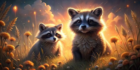 Wall Mural - Two raccoons sitting in a field under the stars.