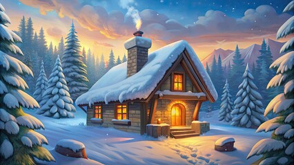 Canvas Print - Cozy cabin in a snowy winter landscape.