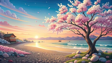 Poster - Serene beach at sunset with cherry blossoms.