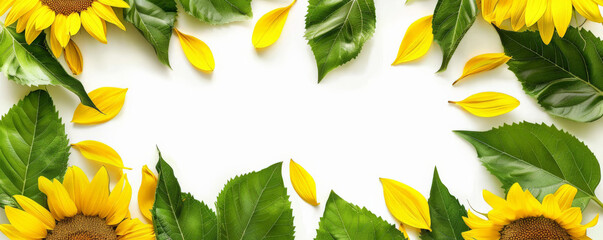 Wall Mural - A frame of sunflower leaves and petals, isolated on a white background. The large green leaves and yellow petals form a bright and cheerful border.