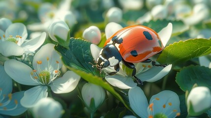Wall Mural - Ladybug on white flowers in a garden