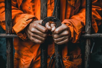 Criminal behind bars in prison uniform. ai generative