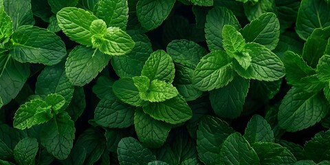 Wall Mural - Top view of fresh green mint leaves creating a vibrant nature background. Concept Nature Background, Mint Leaves, Top View, Vibrant Green, Fresh Herbs