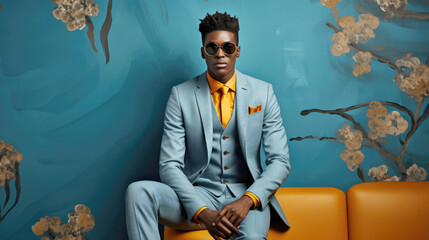 Young black male model in pastel blue suit against floral background, fashion shoot