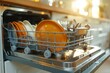 © Anna - Dish washer machine full of clean kitchen utensils on bright modern kitchen background. ai generative