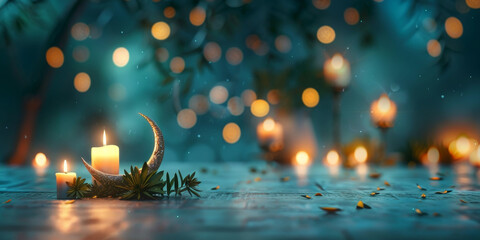 A lit candle is placed on a table with a crescent moon in the center by AI generated image