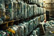 © Premreuthai - Recycling center with sorted materials, selective focus, sustainable practices, dynamic, overlay, industrial backdrop