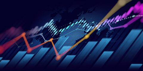 Wall Mural - abstract financial chart with uptrend line graph and world map on blue color background