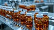 © pinkrabbit - Medical vials on production line at pharmaceutical factory, Pharmaceutical machine working pharmaceutical glass bottles production line, health care, pandemic