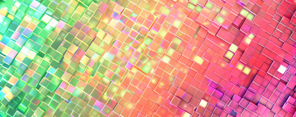 Wall Mural - A mosaic pixel background with bright neon colors like pink, green, and orange. The vibrant and fluorescent pixels create a lively and eye-catching design.