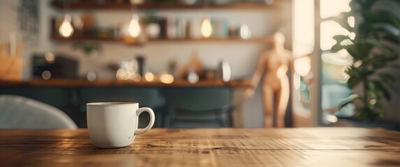 A white coffee cup sits on a wooden table in a kitchen by AI generated image