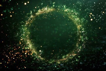 Wall Mural - green color circle frame firework confetti of light golden spark particles on black background. ai generative