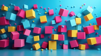 Vibrant colorful cubes floating dynamically against blue background.