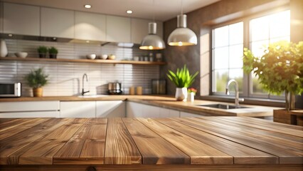 Wall Mural - Beautiful empty brown wooden table top and blurred defocused modern kitchen interior background with daylight flare, product montage display. generative ai