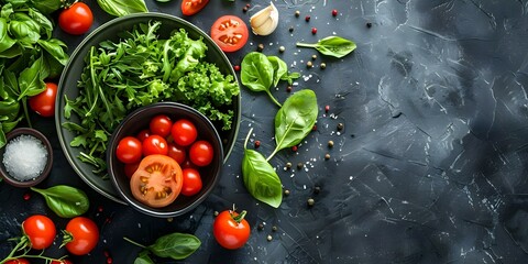 Wall Mural - Overhead shot of fresh nutritious foods in a bowl on a table. Concept Food Photography, Healthy Eating, Fresh Ingredients, Overhead Shots, Nutritious Meals
