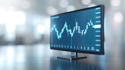 A computer monitor displaying a stock market chart with a blurred background.