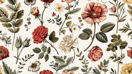 Wall Mural - Seamless pattern background featuring a collection of vintage botanical illustrations with flowers and leaves in muted colors.