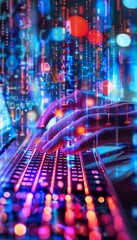 Wall Mural - hands typing on keyboard with digital hologram screen, software development concept