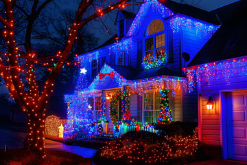 Poster - Home decorated with festive Christmas lights