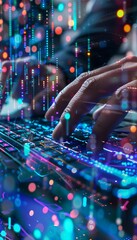 Wall Mural - closeup of hands typing on keyboard with digital hologram screen, software development concept