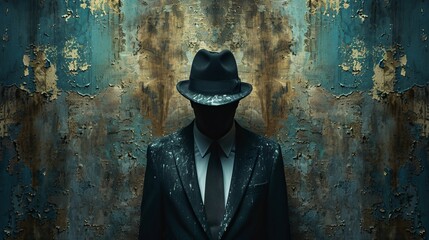 Wall Mural - A man in a black suit and hat stands in front of a wall with graffiti on it