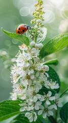 Wall Mural - Ladybug on white blossoms, macro nature photography. Spring and nature concept