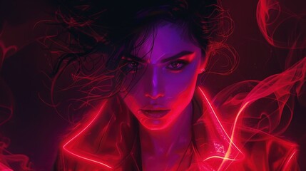 Sticker - Stylized female character with a cyberpunk aesthetic, characterized by neon red lighting, a futuristic jacket, and a smoky, red-hued background