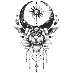 A flower with a moon and sun above it