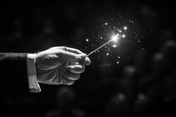 High contrast image of magician hand with magic wand. ai generative