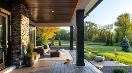 Contemporary covered porch with a sleek stone column, blending modern design with natural elements for a harmonious outdoor space