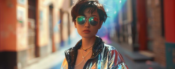 Wall Mural - Stylish Asian woman with sunglasses in urban setting, colorful background.