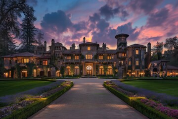 Wall Mural - A beautiful mansion with a long driveway and a large front yard. AI.