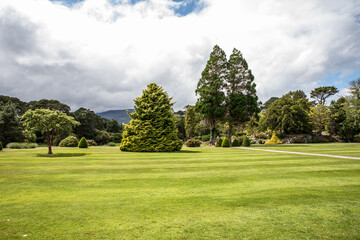 Expansive Green Lawn With Trees and Mountains in the Background on a Cloudy Day