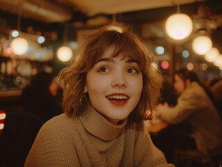 Wall Mural - Portrait of a young woman smiling. AI.