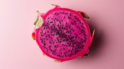 Poster - A halved dragon fruit on a pink background. AI.