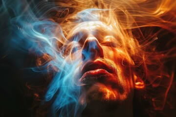 Wall Mural - Portrait of a man with smoke around his head. AI.